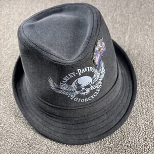 Harley Davidson Black Hat Fedora with Skull Wings Size L/XL With Harley Pin